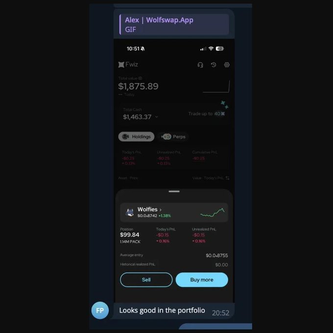 Mobile screenshot of the Fwiz app via Wolfswap.App showing a crypto portfolio with total value $1,875.89, including a 'Wolfies' token position up 1.38%, with 'Sell' and 'Buy more' buttons.