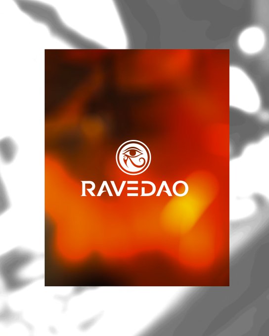 A sleek orange and gray gradient backdrop showcases RaveDAO's new circular eye logo above the brand name "RAVEDAO," visually introducing the refreshed identity mentioned in the post about the project's evolving visual world.