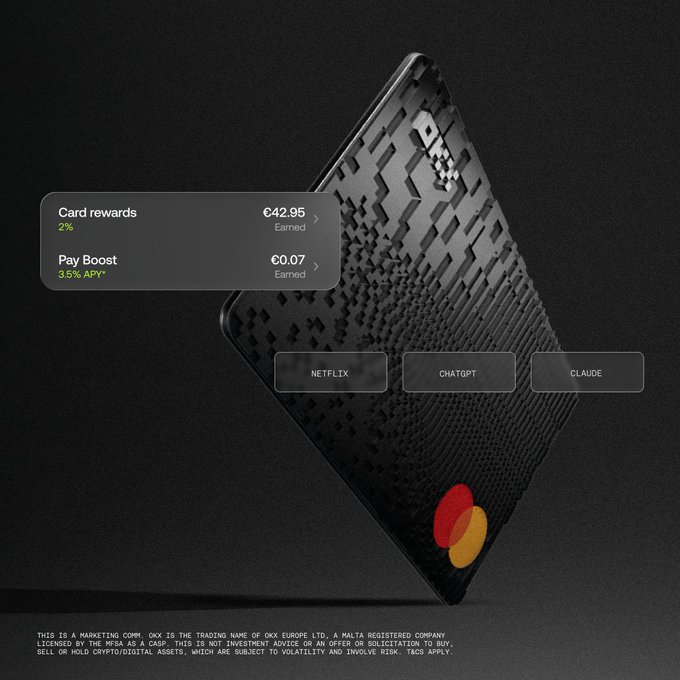 A black OKX Card with a textured geometric pattern floats against a dark background, featuring a floating rewards display showing "Card rewards €42.95 Earned (2%)" and "Pay Boost €0.07 Earned (3.5% APY)**," alongside buttons for "NETFLIX," "CHATGPT," and "CLAUDE." The image visually reinforces the post's message of earning cashback on everyday purchases—including groceries, subscriptions, and bills—by showcasing the card's rewards program and its integration with popular subscription services.