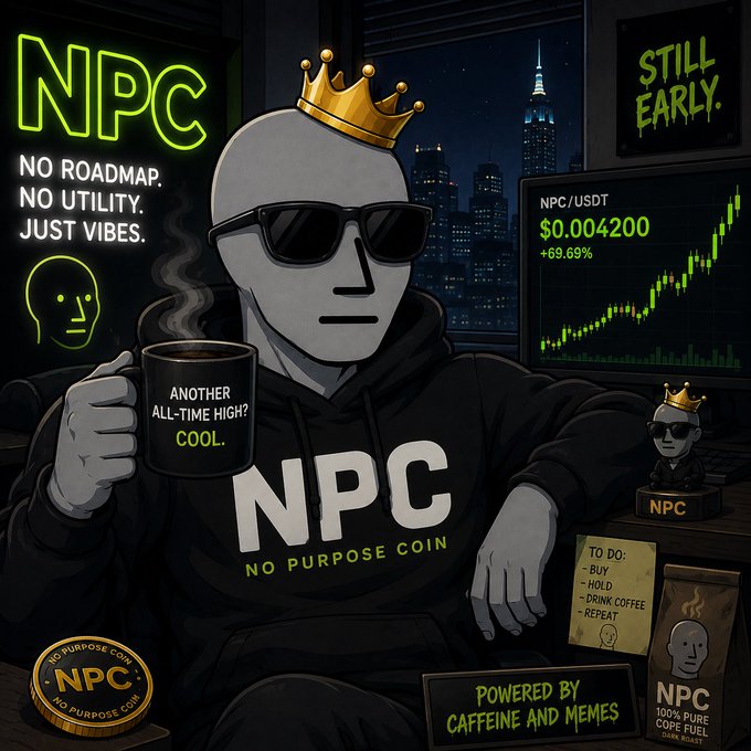 Promotional artwork for 'NPC - No Purpose Coin' showing a crowned figure in sunglasses holding a coffee mug that reads 'Another all-time high? Cool,' with text 'No roadmap. No utility. Just vibes,' a price chart showing NPC/USDT at $0.004200 (+69.69%), and the slogan 'Powered by caffeine and memes.'