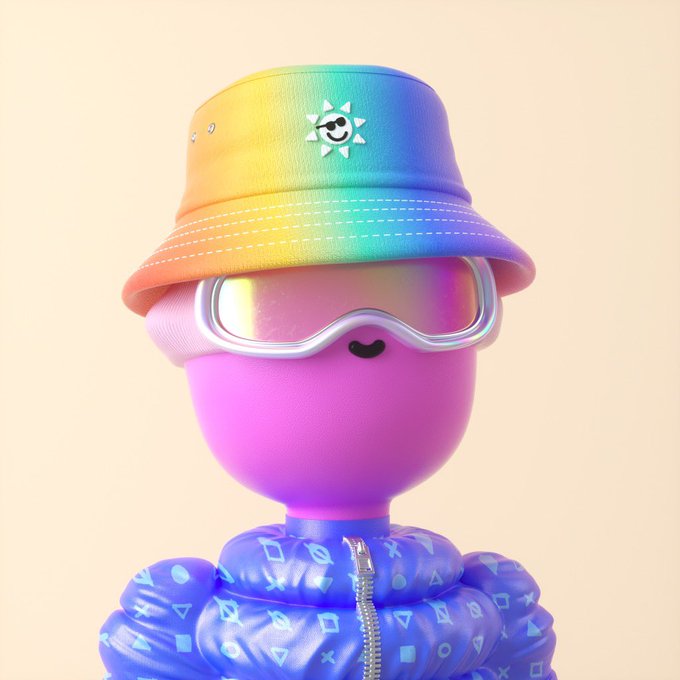 A stylized 3D character with a smooth pink face wears iridescent rainbow goggles, a matching rainbow bucket hat with a sun face logo, and a puffy blue patterned jacket.