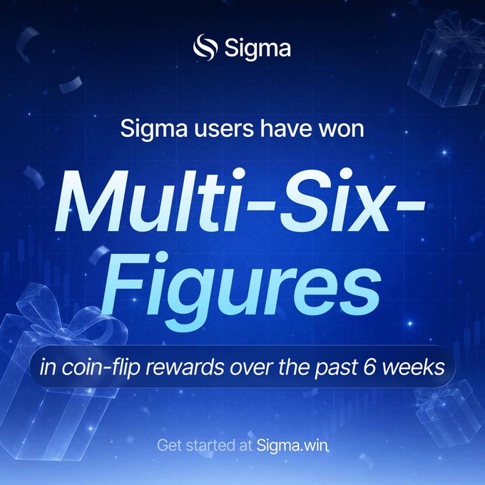 The image features a blue background with white text that reads "Sigma users have won". The text also includes a list of coin-flipping rewards for users, stating that they've earned 6 figures from their coin flips. There are two gift boxes in the image, one on top and another below it, adding to the festive atmosphere.