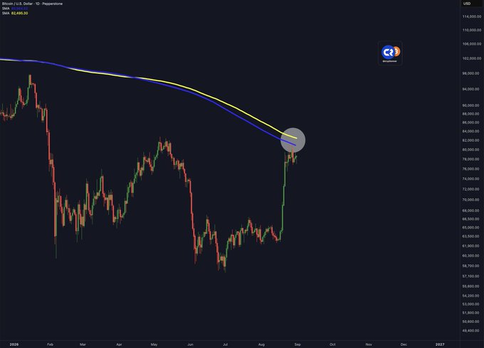 A Bitcoin/USD daily candlestick chart shows BTC's price at $83,449.30 rallying sharply toward two moving averages (blue and yellow lines) near the $85,000–$87,000 zone, highlighted by a gray circle where the price has yet to close decisively above these key resistance levels — illustrating the post's point that a weekly close above the 50W and 365D moving averages is needed to confirm a bull run toward $100,000.