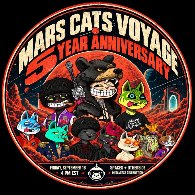 Promotional poster for 'Mars Cats Voyage 3 Year Anniversary' featuring various cartoon cat characters in space-themed attire, with event details 'Friday, September 16, 4 PM EST' at 'Spaces + Otherside' for a Metaverse Celebration.