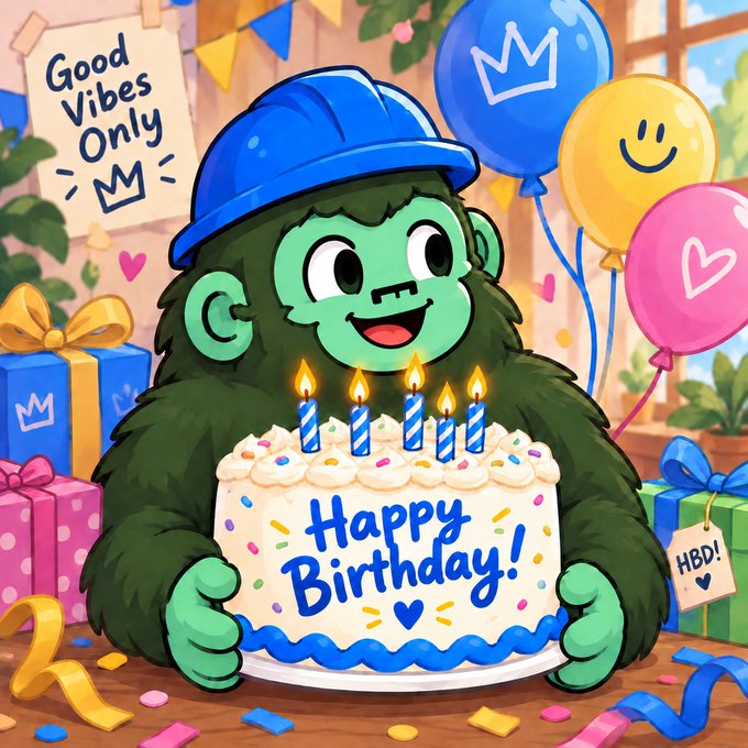 A cartoon illustration of a green gorilla wearing a blue hard hat holding a "Happy Birthday!" cake, with balloons, gifts, and "Good Vibes Only" sign.