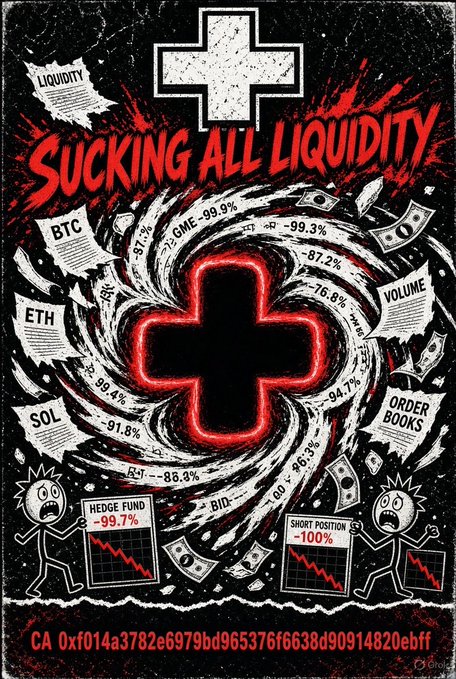 A dramatic black-and-red graphic depicting a vortex with a glowing red cross at its center, surrounded by financial elements including "LIQUIDITY," "VOLUME," and "ORDER BOOKS," along with tickers BTC, ETH, and SOL, and alarming figures like "-99.7%" for a Hedge Fund and "-100%" Short Position, accompanied by distressed stick figures—visually representing the post's warning that the play will "suck all market liquidity," with the contract address CA 0xf014a3782e6979bd965376f6638d90914820ebff displayed at the bottom.