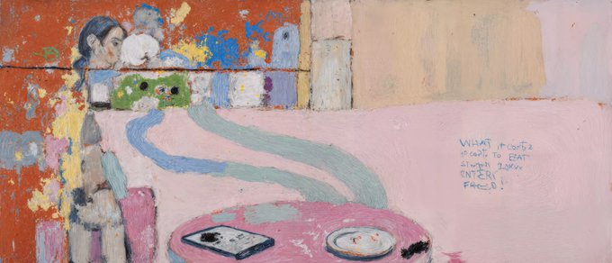 A colorful painting depicting a person and a small green creature with a long blue tongue reaching down toward plates of food, with handwritten text reading 'WHAT IT DOES IT DOES TO EAT STUFF DOWN ENTERI.'