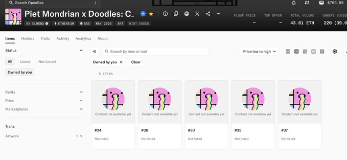 The image shows a screenshot of a computer screen displaying a webpage with several images, including a pink circle with a yellow line through it. The text "Piet Mondrian x Doodles C" is visible at the top of the page. The caption below the image reads "Focus on what is in the image and how it relates to the post @doodles".