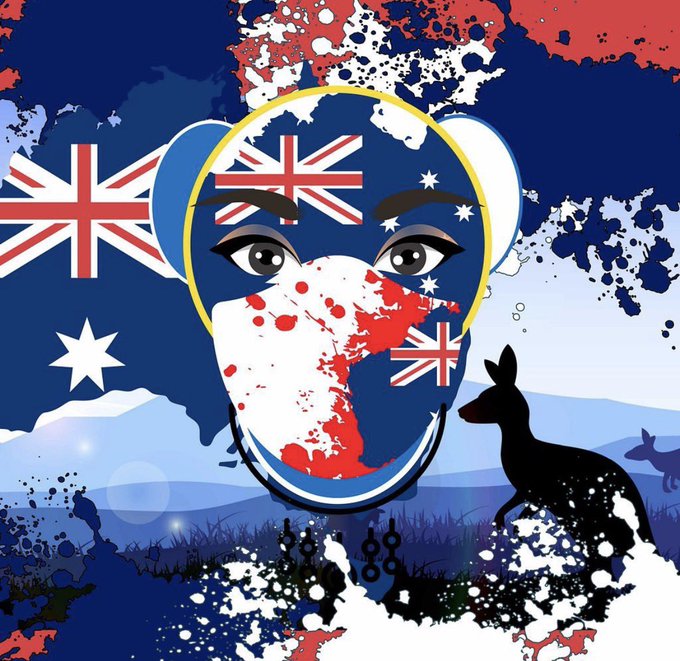A stylized graphic featuring a face covered by a mask painted with the Australian flag, set against a splattered background with the Union Jack, Southern Cross stars, and a kangaroo silhouette.