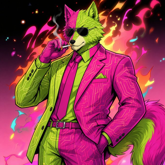 A digital illustration of an anthropomorphic wolf wearing a green and pink circuit-patterned suit, sunglasses, and smoking a cigarette, set against a vibrant pink and yellow background.