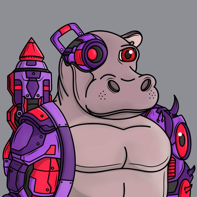 The image features a cartoon hippopotamus with purple armor, wearing red gloves and goggles that give him an odd-looking appearance. The hippo has a backpack on his back and is standing against a gray background. The caption of the image reads "happy #HeepowBonanza @MHeepow #algofam".