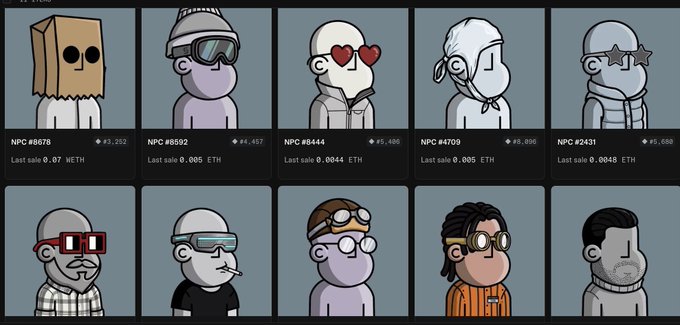 A grid of 10 NFT character avatars (NPCs) with IDs like #8678, #8592, #6444, and #4709, displaying their ETH sale prices and last sale values.