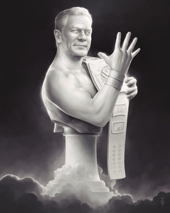 A grayscale digital illustration depicting a marble statue bust of a man in a suit who is holding a PayPal payment terminal like a guitar, surrounded by clouds.