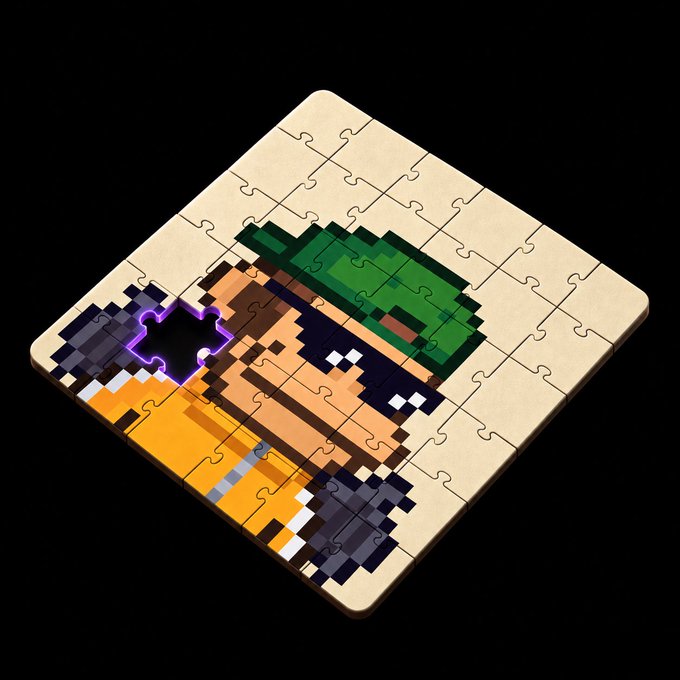 A pixel art puzzle depicting a character in a green hat and orange jacket is partially completed on a black background.