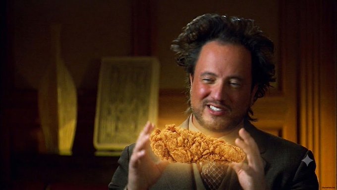 An Ancient Aliens-style meme shows a man joyfully holding a glowing, breaded food item, comparing it to ancient alien artifacts.