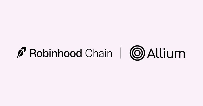 The image displays the logos of "Robinhood Chain" and "Allium" side by side, likely indicating a data infrastructure or analytics partnership supporting the ecosystem of live protocols on Robinhood Chain at launch.