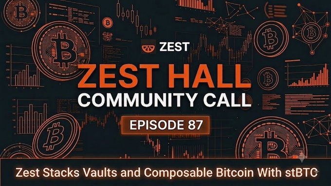 A promotional graphic for 'ZEST HALL COMMUNITY CALL EPISODE 87' titled 'Zest Stacks Vaults and Composable Bitcoin With stBTC,' featuring orange and white text on a dark background with Bitcoin-themed graphics.