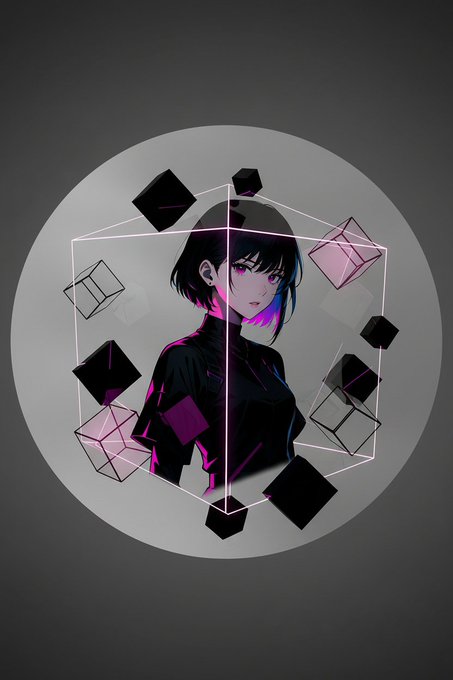 An anime-style illustration of a girl with short black hair and purple/magenta highlights, wearing a black turtleneck, framed within a circular design featuring geometric cubes and pink wireframe lines.