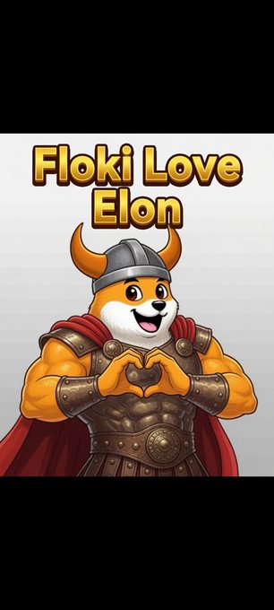 A cartoon Shiba Inu dog dressed as a Viking with helmet, red cape, and muscular armor forming a heart shape with its paws, with the text 'Floki Love Elon' above.