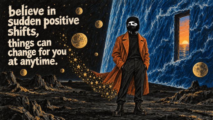 A dark illustration features a figure in an orange coat standing before a starry cosmic backdrop with moons and a portal showing a sunset, accompanied by text: 'believe in sudden positive shifts, things can change for you at anytime.'