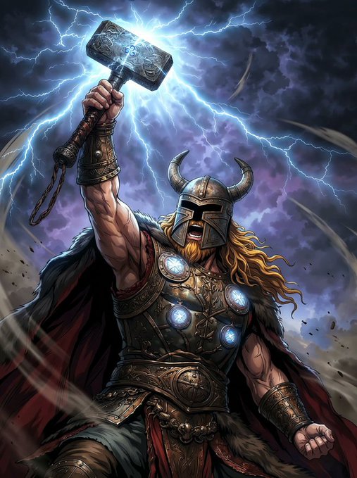 A digital illustration of a muscular Viking warrior with long blonde hair and a horned helmet, wielding a glowing Mjolnir-like hammer aloft amid dramatic lightning and stormy skies.