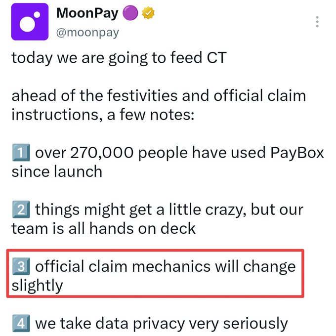 A screenshot of a MoonPay (@moonpay) tweet announcing the launch of their CT drop, highlighting that "official claim mechanics will change slightly" (point 3) among other notes, including that over 270,000 people have used PayBox since launch. The accompanying post emphasizes the claim mechanism change and speculates that MoonPay may tighten eligibility, such as excluding new ChatGPT or X accounts.