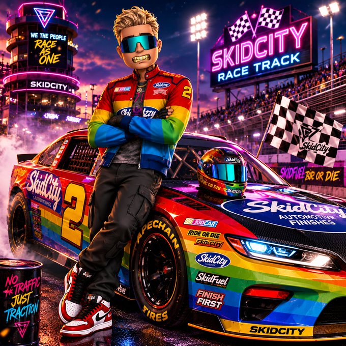 A vibrant digital illustration features a blonde character in a rainbow racing jacket and reflective sunglasses standing in front of a colorfully decaled #2 stock car at the 'SKIDCITY RACE TRACK,' with neon signage, checkered flags, and slogans like 'WE THE PEOPLE RACE AS ONE' and 'SKIDFUEL RIDE OR DIE.'
