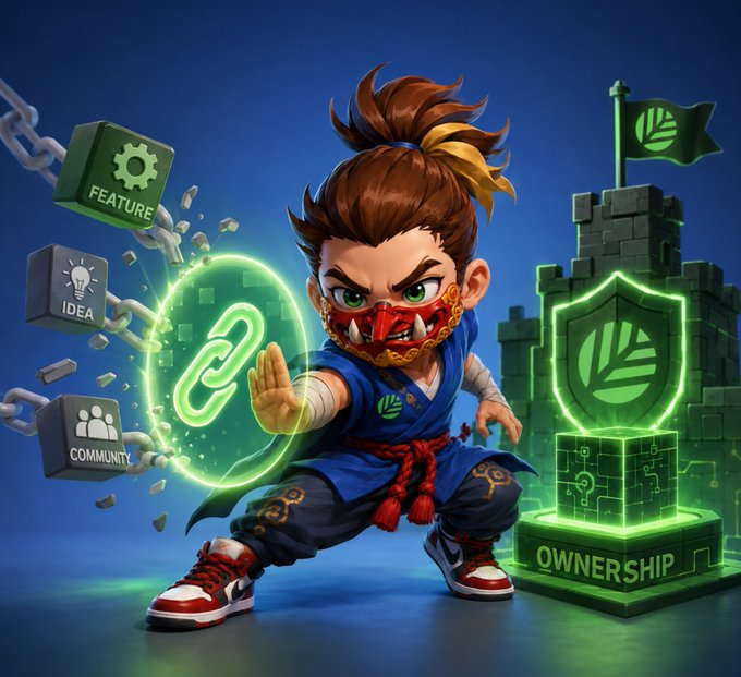 A stylized 3D illustration of a young warrior character in a ninja-like outfit and mask performing a martial arts pose, surrounded by floating blocks labeled 'FEATURE,' 'IDEA,' and 'COMMUNITY,' alongside glowing green icons representing a link, shield, and a pedestal marked 'OWNERSHIP.'