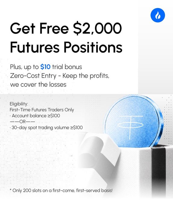 A promotional graphic for an HTX campaign offering free $2,000 futures positions and up to a $10 USDT trial bonus, featuring a gift box with a blue coin alongside eligibility criteria including $100 minimum account balance or spot trading volume for first-time futures traders.