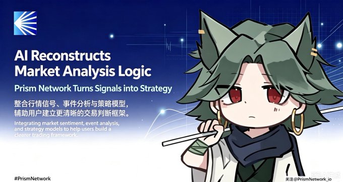 A promotional banner for Prism Network featuring the tagline 'AI Reconstructs Market Analysis Logic' and 'Prism Network Turns Signals into Strategy' alongside an anime-style character with green hair, set against a starry blue background.