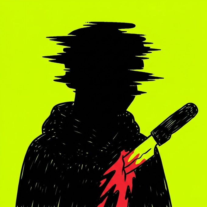 A stylized illustration of a shadowy figure with a distorted, glitch-effect face, wearing a hoodie and holding a knife stained with red blood against a bright yellow-green background.