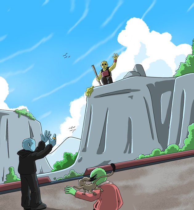 An animated illustration showing a figure in black reaching up toward a warrior with a sword standing on a cliff, while another green-skinned figure below looks at a small animal.