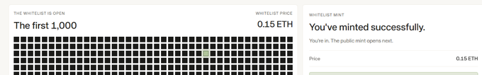 A screenshot of a successful NFT mint confirmation showing "You've minted successfully" at a whitelist price of 0.15 ETH, with the first 1,000 whitelist spots nearly sold out as indicated by the grid display, supporting the poster's announcement about successfully minting from the @standard_rsv and @0xbeans project.