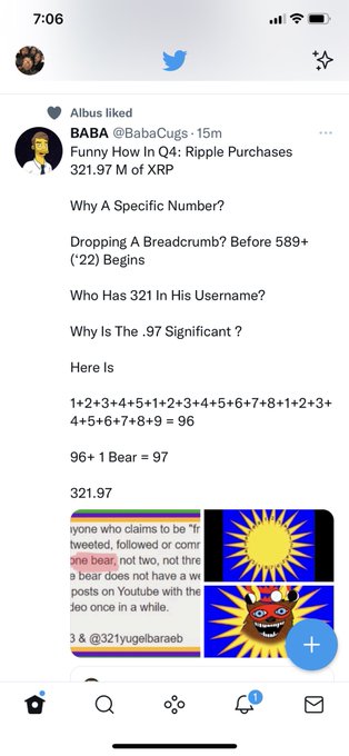 A Twitter/X post from @BabaCugs titled "Funny How In Q4: Ripple Purchases 321.97 M of XRP," detailing mathematical numerology that arrives at 321.97 and associating it with a "one bear" and the $XRP ticker, visually referenced by the meme's claim that a bearish prediction pinpointed exactly $.97 cents.
