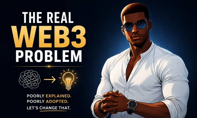 The image is a YouTube-style thumbnail featuring the text "THE REAL WEB3 PROBLEM" alongside the tagline "POORLY EXPLAINED. POORLY ADOPTED. LET'S CHANGE THAT." It shows a confident illustrated man in a white shirt and sunglasses, with graphics symbolizing the transition from confusion (a tangled scribble) to clarity (a lightbulb). This visually reinforces the post's message about breaking down Web3's complexity for broader understanding and adoption.