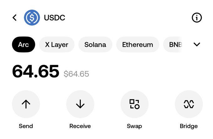 A mobile app screen showing a USDC wallet with a balance of $64.65 on the Arc network, alongside other chain options like X Layer, Solana, Ethereum, and BNB, featuring Send, Receive, Swap, and Bridge actions—indicating that USDC support is now live on the Arc Mainnet.