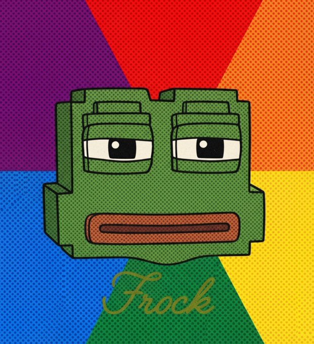 A pop-art style illustration of a green blocky cartoon face with half-lidded eyes and a brown mouth, set against a colorful segmented background with 'Frock' written below.