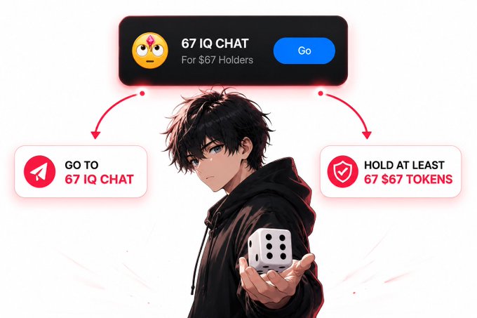 A promotional graphic for '67 IQ CHAT For $67 Holders' features an anime-style character holding a die, with instructions to 'GO TO 67 IQ CHAT' and 'HOLD AT LEAST 67 $67 TOKENS'.