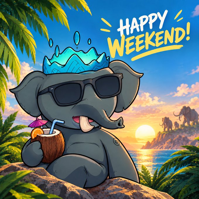 A cartoon illustration of a gray elephant wearing sunglasses and a blue crown, holding a coconut drink, with the text 'HAPPY WEEKEND!' set against a tropical sunset.