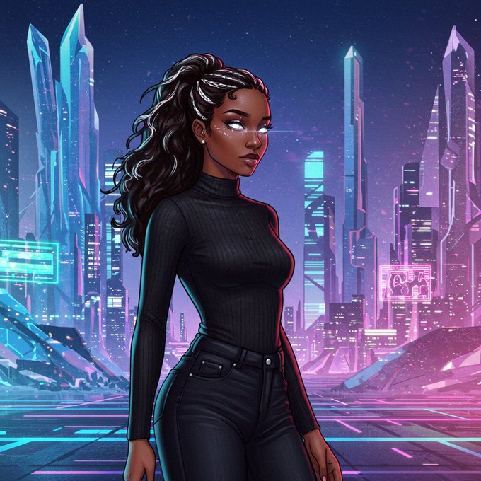 An anime-style illustration of a woman with long dark curly hair, glowing white eyes, and a black turtleneck and pants, standing in a neon-lit cyberpunk cityscape.