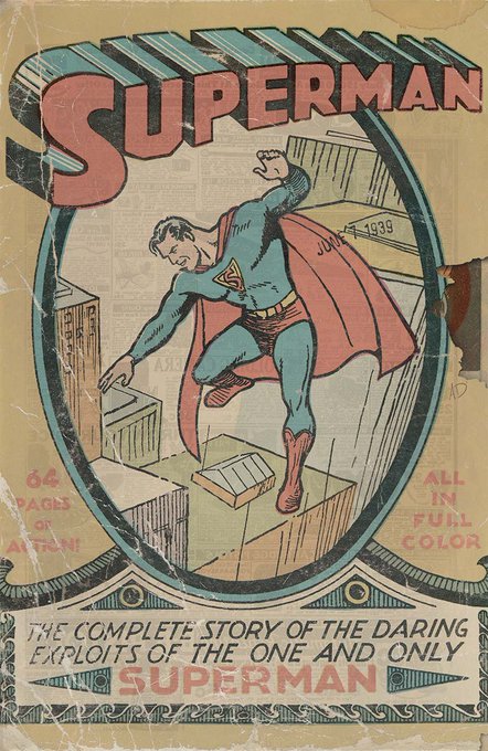 A vintage Superman comic book cover from 1939 featuring the classic title logo at top, an illustration of Superman leaping over city buildings, with text reading '66 PAGES OF ACTION', 'ALL IN FULL COLOR', and 'THE COMPLETE STORY OF THE DARING EXPLOITS OF THE ONE AND ONLY SUPERMAN'.