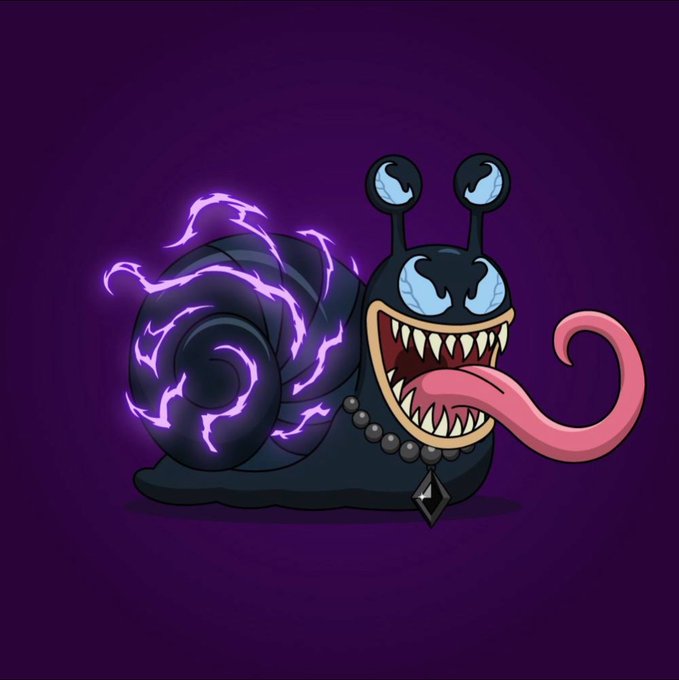 A menacing cartoon snail with sharp teeth, a long pink tongue, and crackling purple lightning emanating from its shell, perfectly matching the "Shell Possessed" theme as the glowing energy suggests the shell is overtaken by dark, supernatural forces.