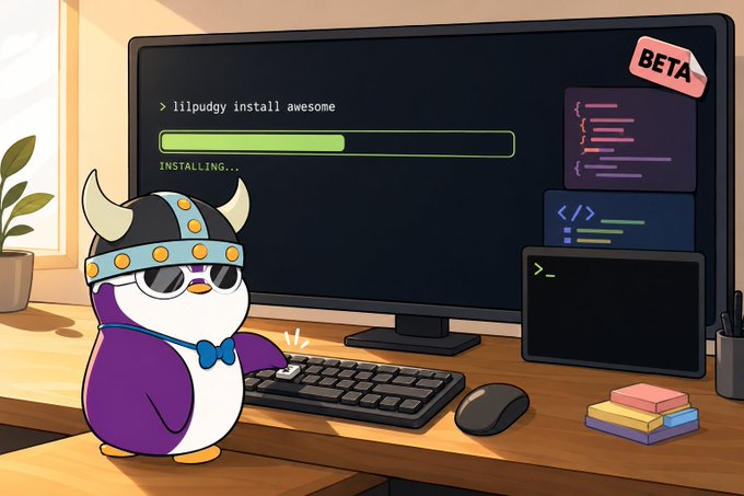 An illustration shows a penguin mascot wearing sunglasses, a horned helmet, and a bow tie, typing on a keyboard in front of a monitor displaying '> lilpudgy install awesome' and an 'INSTALLING...' progress bar, with a 'BETA' label.