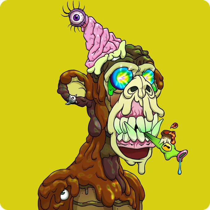 The image features a cartoon monkey with a face painted on its head, wearing a hat that has eyes and a nose. The monkey appears to be eating something out of a cup or bowl while sitting on top of a boat. The background color is yellow, which contrasts with the brown body of the monkey. There are also some words in the image: "its time... bored ape yacht club". This phrase seems to be a reference to the cartoon character's current situation and could possibly be related to the post or the artist who created this image.