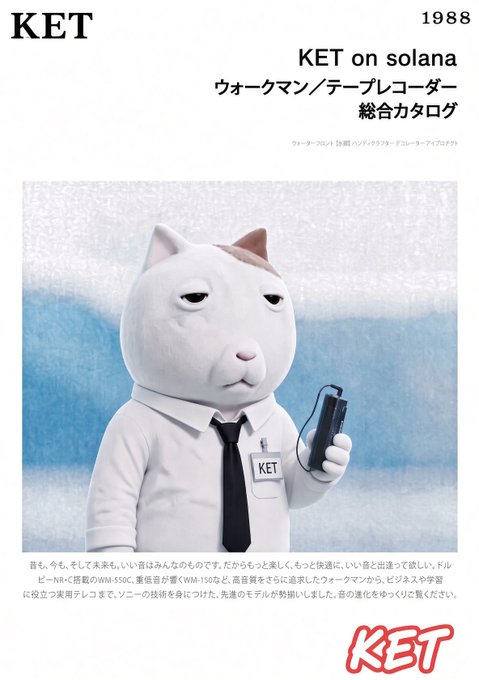 A 1988-styled Japanese-style Walkman product catalog for "KET on solana" features a white dog-like mascot in a shirt and tie holding a device, with text highlighting the KET WM-58C and KET WM-150NL Walkman/tape recorder models. The retro advertisement aesthetic reinforces the post's analogy of $KET being a forward-thinking technology purchase, just as the Walkman was cutting-edge in 1988.