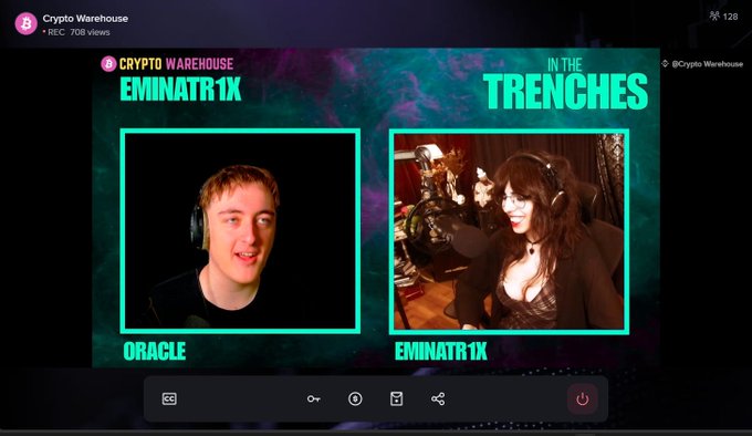 A screenshot from a YouTube live stream titled 'IN THE TRENCHES' by Crypto Warehouse featuring 'ORACLE' and 'EMINATR1X' with 708 views.