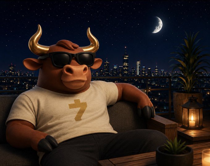 A 3D-rendered cartoon bull wearing sunglasses and a white t-shirt with a gold 'Z' logo, lounging on a rooftop at night with a city skyline, crescent moon, and a lit candle in the background.