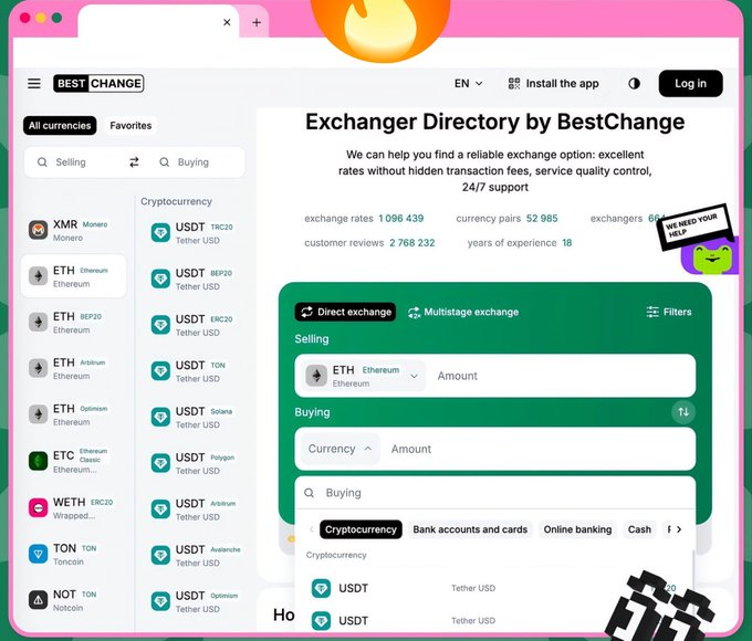 A screenshot of the BestChange website showing an Exchanger Directory for cryptocurrencies like Monero, Ethereum, and various USDT tokens (ERC20, BEP20, TON, etc.).