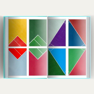 An open book displaying vibrant geometric designs composed of triangles and diamonds in various colors (yellow, green, purple, red, blue, and pink) against a white background, representing pages from "The Art of Aerial," a 150+ page hardback coffee-table book of aerial photography available on SuperRare for 0.055 ETH.