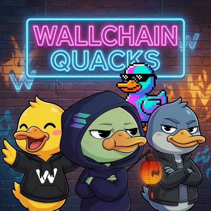 A neon "WALLCHAIN QUACKS" sign glows above a group of cartoon duck mascots in hoodies, with one pixelated duck wearing "deal with it" sunglasses, set against a graffiti-covered brick wall. The image relates to the post by showcasing the resilient and positive "Wallchain Quackers" community spirit, symbolizing perseverance through challenges like account suspension.